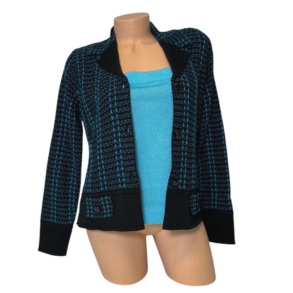 San Remo Laura Knits Women's Teal Black Textured Cardigan‎ & Tank Set Small USA